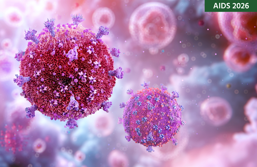 Illustration of HIV cells in pink and purple.